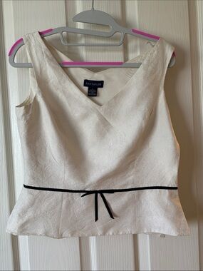 Ann Taylor Cream V-Neck Sleeveless Peplum Top with Black Waist Tie